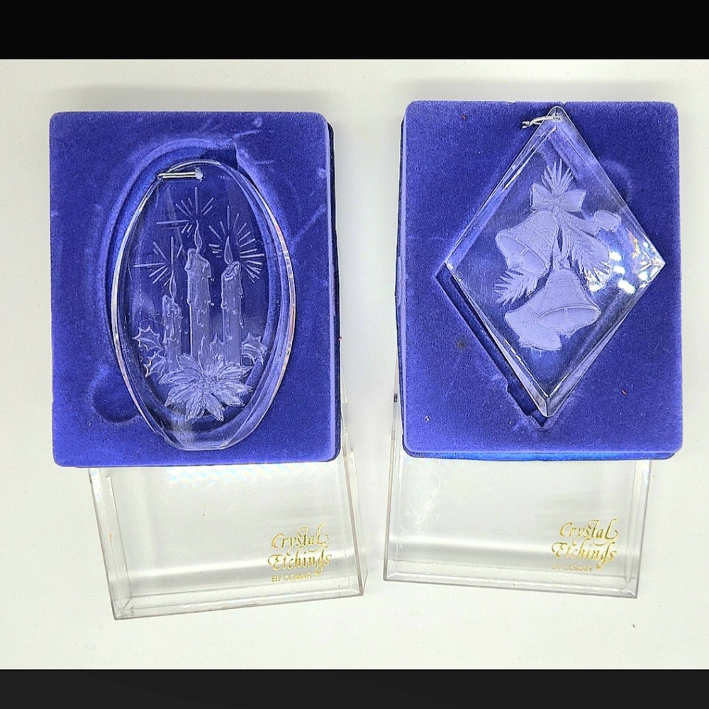 Vintage 1977 Lot of 2 Crystal Etchings by Comar Clear Ornaments w/ Cases